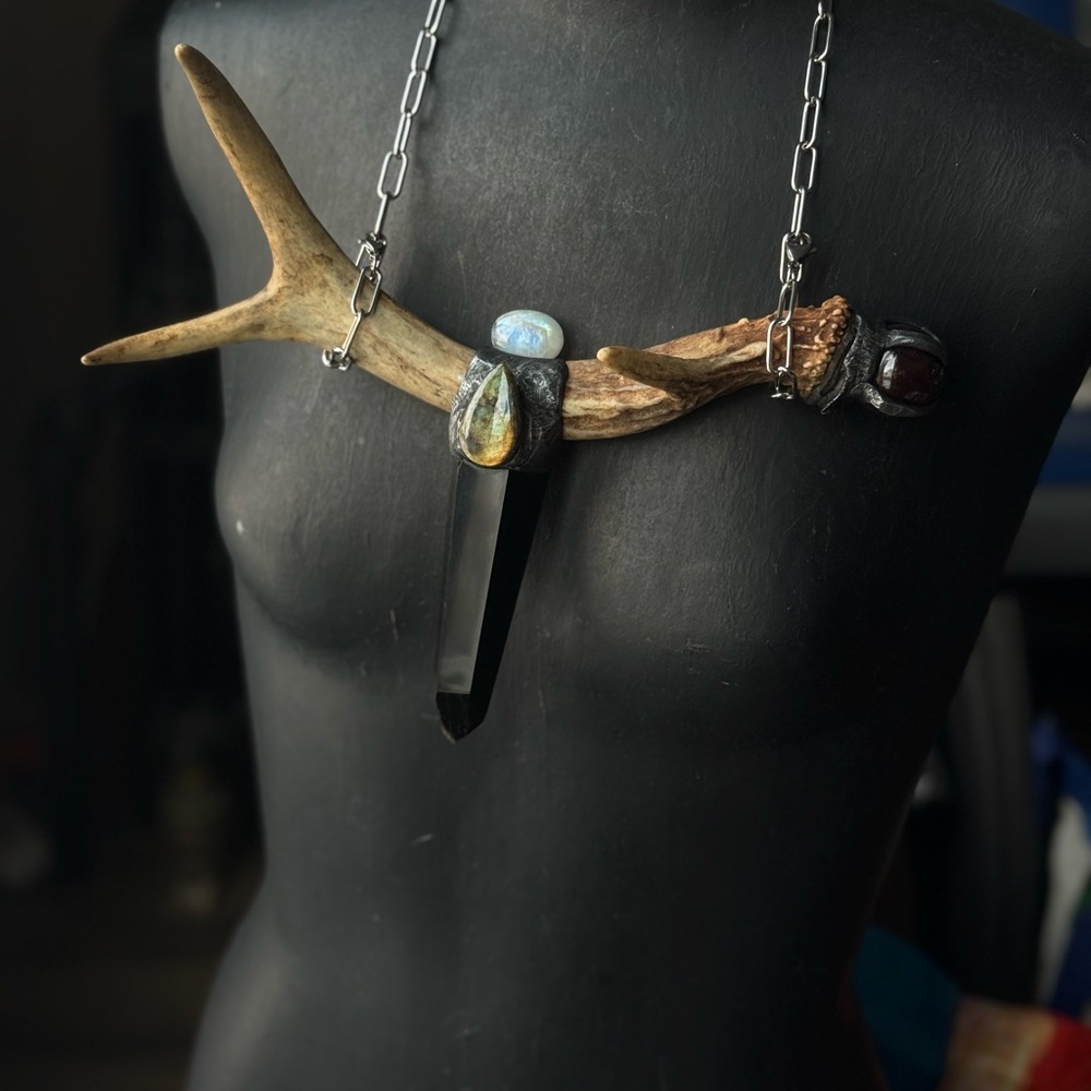 Antler and Crystal Pendant Necklace statement necklace artisan made bold jewelry